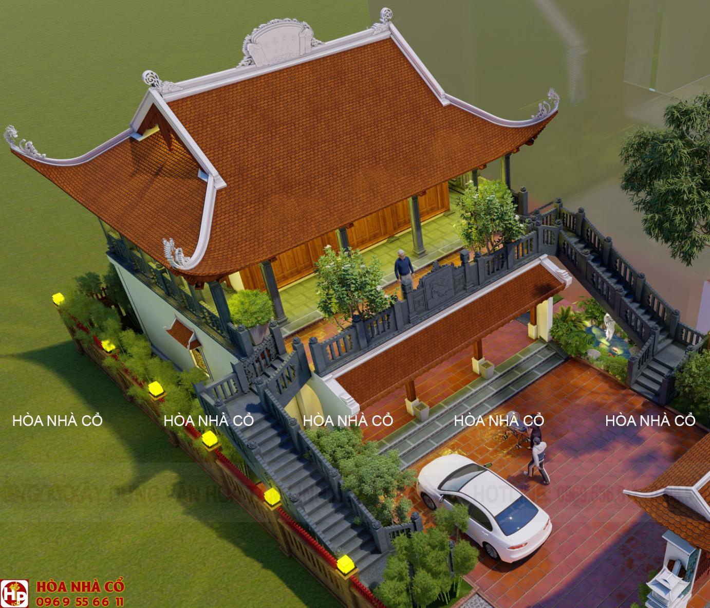 Mẫu thiết kế nhà 3 gian có hiên chạy quanh 2 tầng